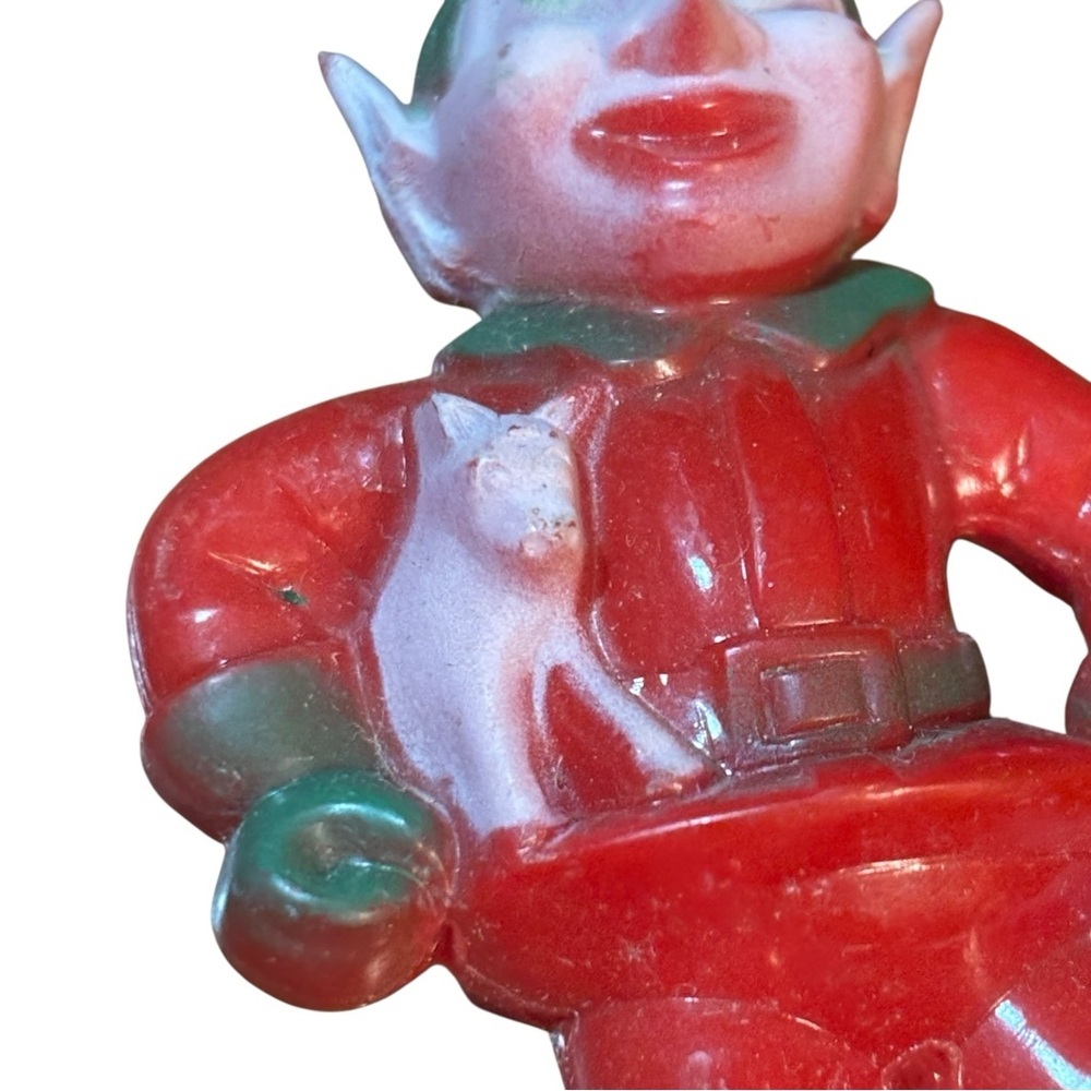 VTG 1940’S ROSBRO PLASTIC RED & GREEN PIXIE ELF ORNAMENT - Picture 7 of 10